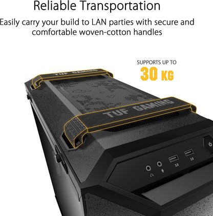 TUF Gaming GT501 Mid-Tower PC Case for up to EATX Motherboards with USB 3.0 Front Panel, Smoked Tempered Glass, Steel Construction, and Four Case Fans