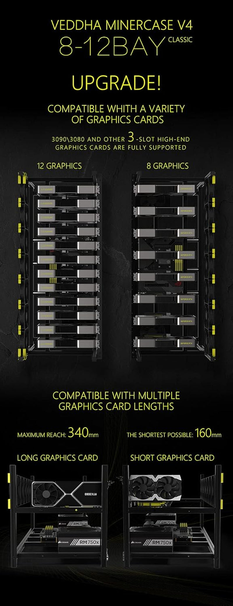 6/8 GPU Aluminum Stackable Open Air Mining Computer Frame Rig Ethereum Veddha (V4C-8/12GPU)