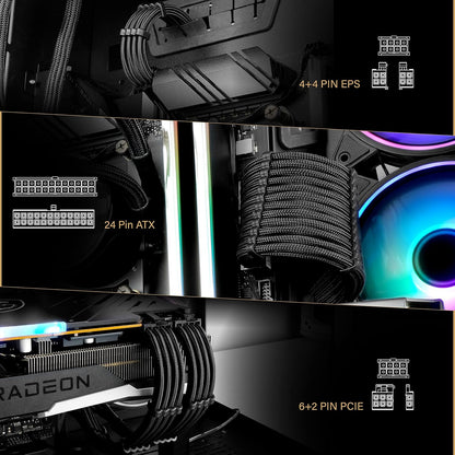 PSU Cable Extension Sleeved Custom Mod GPU PC Power Supply Soft Nylon Braided with Comb Kit 24PIN/8PIN to 6+2Pin/ 8PIN to 4+4PIN-30CM 300MM - Black