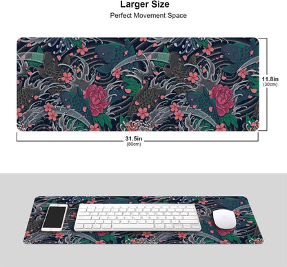 Japanese Wave and Koi Gaming Mouse Pad XL, Extended Large Full Desk Mousepad 31.5 X 11.8 Inch, Big Mouse Pad with Stitched Edge, Non-Slip Long Computer Keyboard Mat for Office & Home by