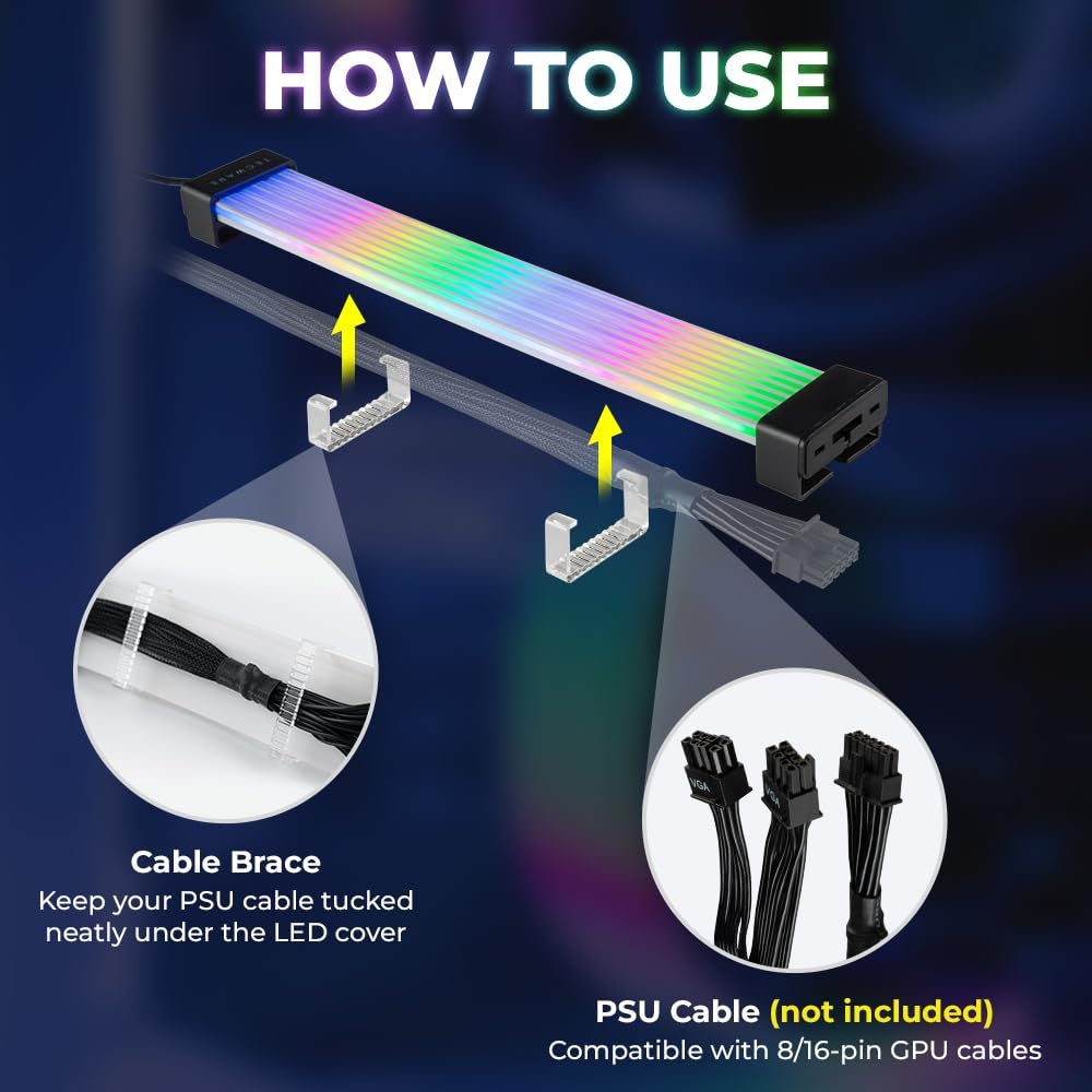 Flex RGB Cable Cover Kit | Compatible with 24-Pin Motherboard and 8-Pin/16-Pin GPU | ARGB PSU Cable Extension with 5V 3-Pin Sync | RGB Lighting Kit for PC Cables | Black