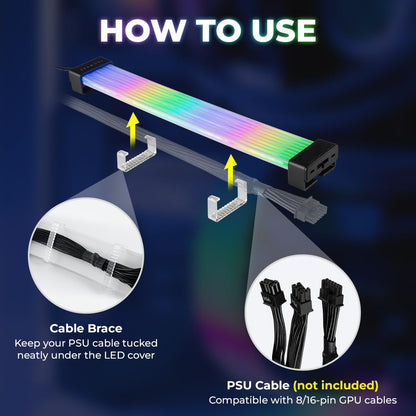 Flex RGB Cable Cover Kit | Compatible with 24-Pin Motherboard and 8-Pin/16-Pin GPU | ARGB PSU Cable Extension with 5V 3-Pin Sync | RGB Lighting Kit for PC Cables | Black