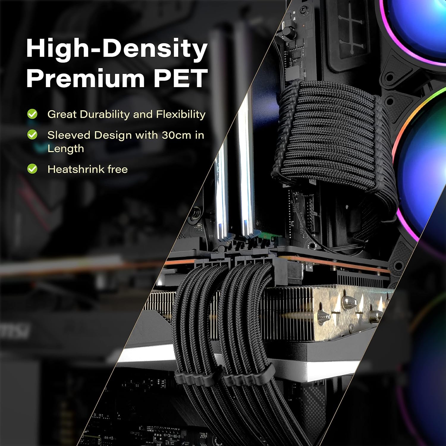 PSU Cable Extension Sleeved Custom Mod GPU PC Power Supply Soft Nylon Braided with Comb Kit 24PIN/8PIN to 6+2Pin/ 8PIN to 4+4PIN-30CM 300MM - Black