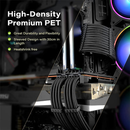 PSU Cable Extension Sleeved Custom Mod GPU PC Power Supply Soft Nylon Braided with Comb Kit 24PIN/8PIN to 6+2Pin/ 8PIN to 4+4PIN-30CM 300MM - Black