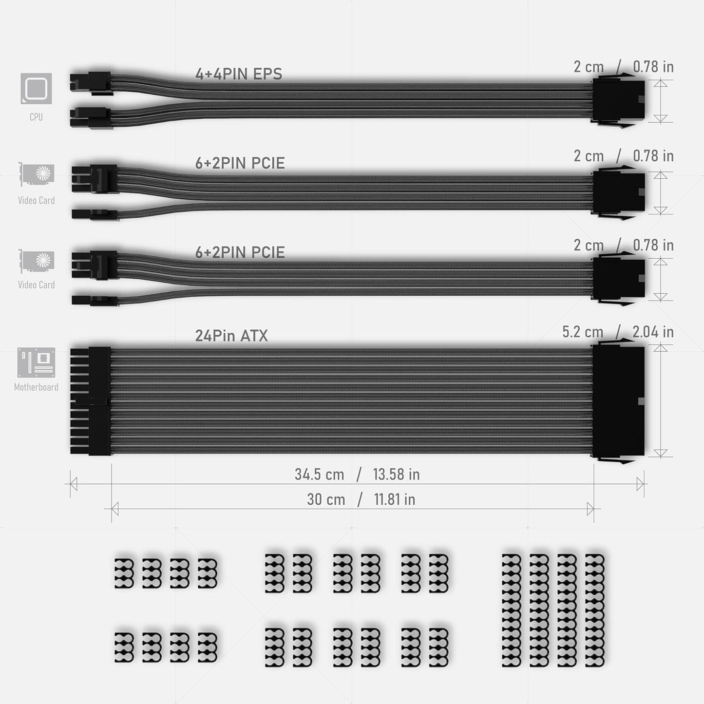 PSU Cable Extension Sleeved Custom Mod GPU PC Power Supply Soft Nylon Braided with Comb Kit 24PIN/8PIN to 6+2Pin/ 8PIN to 4+4PIN-30CM 300MM - Black