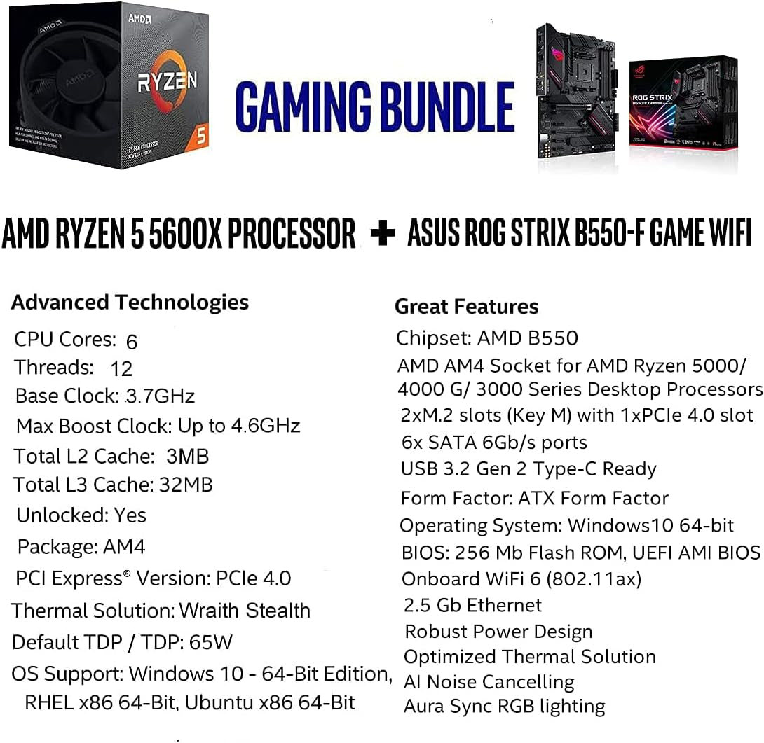 Micro Center AMD Ryzen 5 5600X Desktop Processor 6-Core up to 4.6Ghz Unlocked with Wraith Stealth Cooler Bundle with ASUS ROG Strix B550-F Gaming AM4 ATX Gaming Motherboard Pcie 4.0 2.5Gb LAN