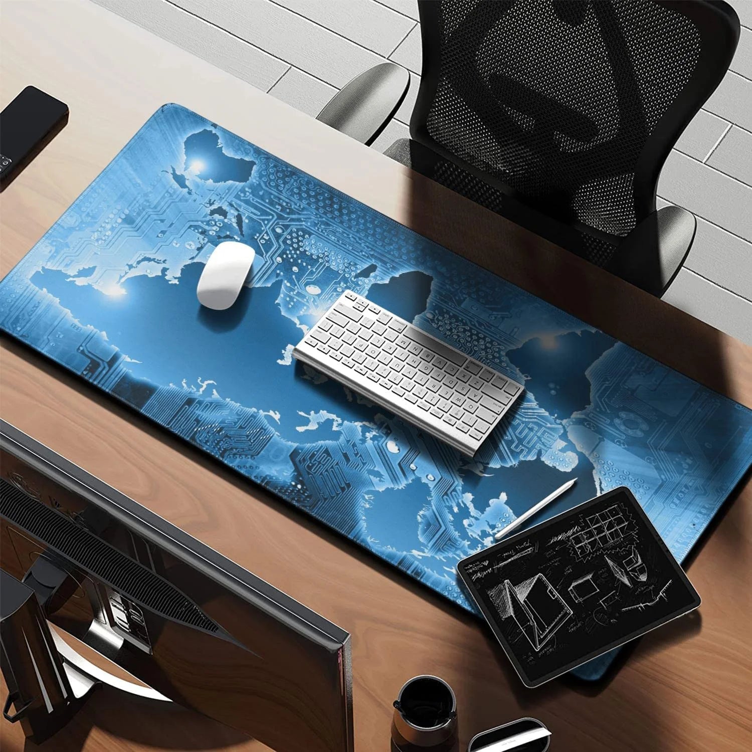 World Map Extended Gaming Mouse Pad (35.4X15.7 In) Large Non-Slip Rubber Base Circuit Board Computer Mat for Desk with Stitched Edges Full Desk Mousepad XXXL