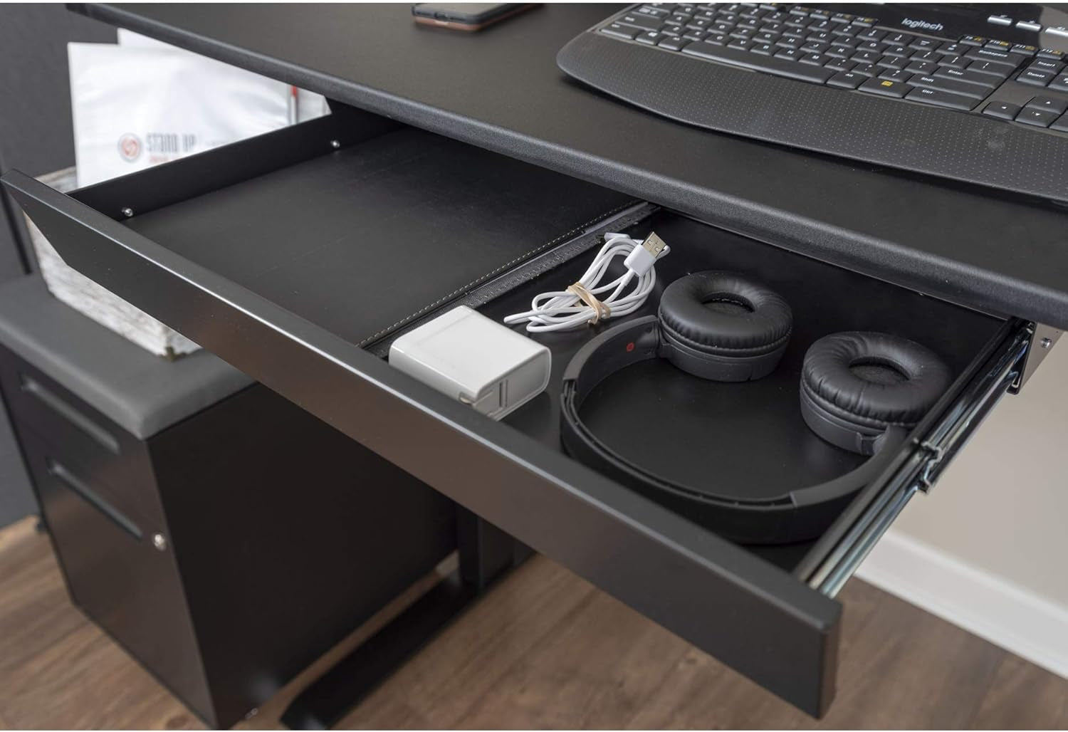 Add-On Office Sliding Under-Desk Drawer Storage Organizer for Standing Desks | Requires 14" of Front to Back Clearance beneath Desks and Tables (Black)