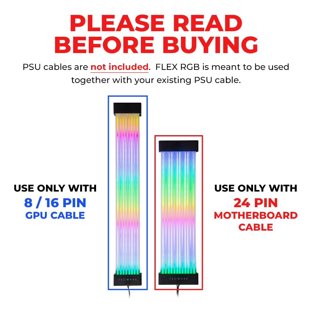 Flex RGB Cable Cover Kit | Compatible with 24-Pin Motherboard and 8-Pin/16-Pin GPU | ARGB PSU Cable Extension with 5V 3-Pin Sync | RGB Lighting Kit for PC Cables | Black
