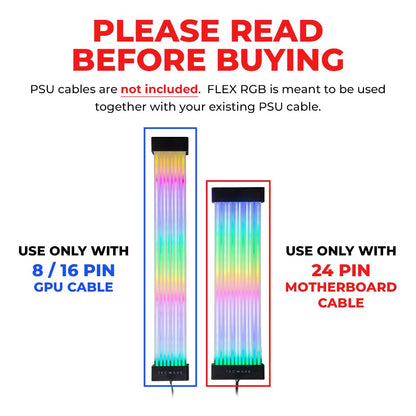 Flex RGB Cable Cover Kit | Compatible with 24-Pin Motherboard and 8-Pin/16-Pin GPU | ARGB PSU Cable Extension with 5V 3-Pin Sync | RGB Lighting Kit for PC Cables | Black