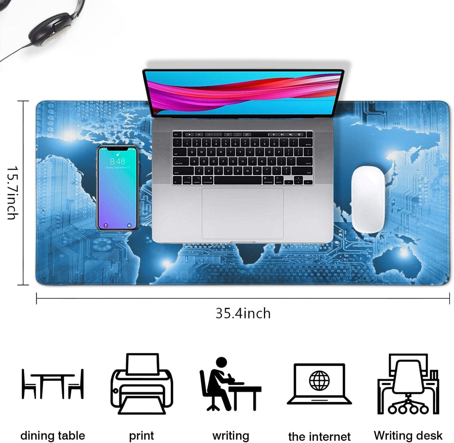 World Map Extended Gaming Mouse Pad (35.4X15.7 In) Large Non-Slip Rubber Base Circuit Board Computer Mat for Desk with Stitched Edges Full Desk Mousepad XXXL