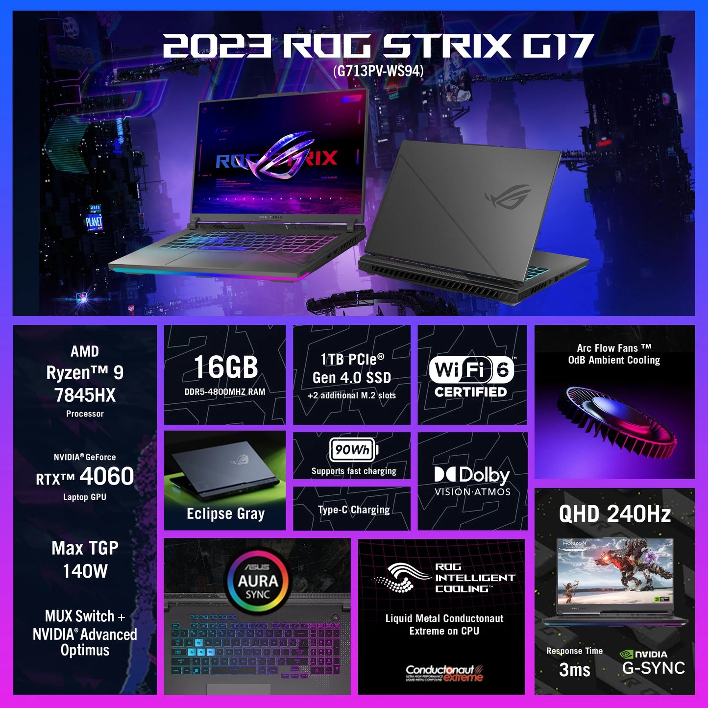ROG Strix G17 (2023) 17.3” QHD 240Hz Gaming Laptop, AMD Ryzen 9-7845HX, NVIDIA Geforce RTX 4060, 16GB DDR5 RAM, 1TB SSD, Windows 11, G713PV-WS94