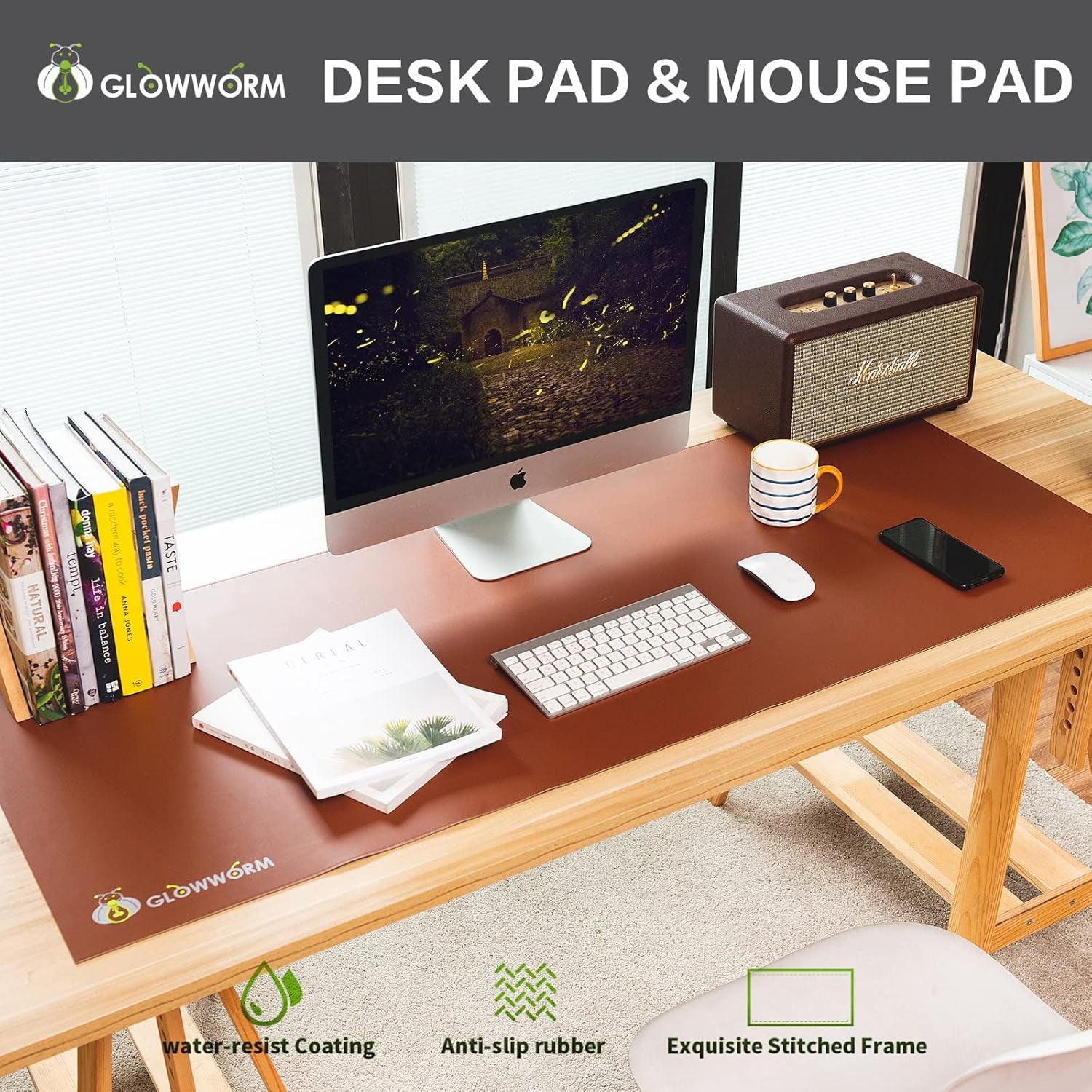 Giant Desk Mat Extended XL XXL Mouse Pad 63In*23In Light Brown Waterproof Smooth PU Leather Huge Desk Pad 3XL Desk Mouse Pad Extra Large with Stitched Edge Non-Slip Base Big Laptop Desk Cover