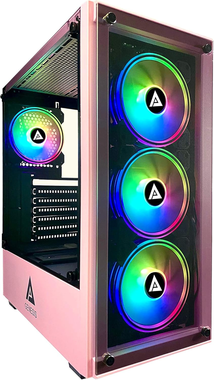 Genesis-Pk Mid Tower Gaming Case with 2 X Tempered Glass Panel, Top Usb3.0/Usb2.0/Audio Ports, 4 X RGB Fans, Pink Frame