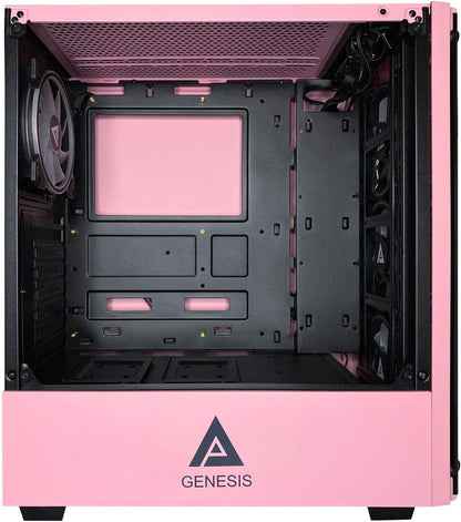 Genesis-Pk Mid Tower Gaming Case with 2 X Tempered Glass Panel, Top Usb3.0/Usb2.0/Audio Ports, 4 X RGB Fans, Pink Frame