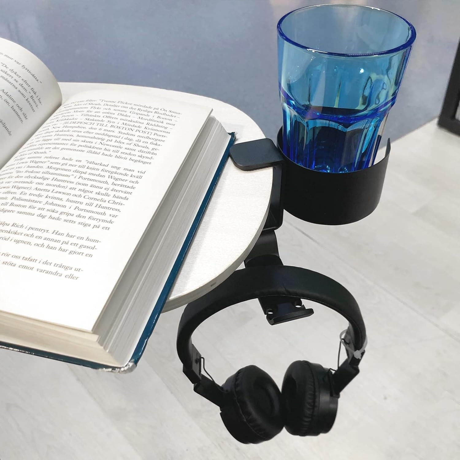 Desk Cup Holder with Headphone Hanger - Anti-Spill Table Cup Holder for Water Bottles, Wheelchairs, Workstations, Gaming Desk Accessories