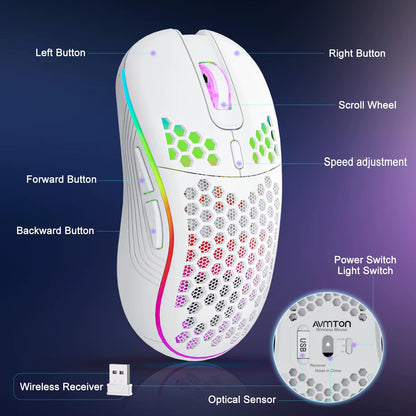 2.4G Wireless Mouse with RGB Backlit 6-Button 3-Speed DPI Type C Rechargeable Ergonomic Honeycomb Design Gaming Mouse