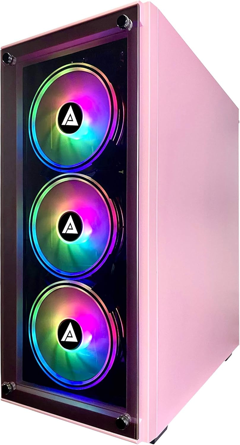Genesis-Pk Mid Tower Gaming Case with 2 X Tempered Glass Panel, Top Usb3.0/Usb2.0/Audio Ports, 4 X RGB Fans, Pink Frame