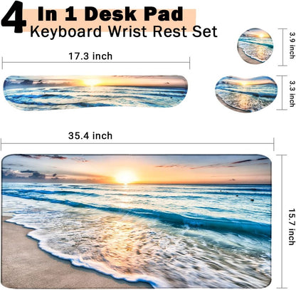 4-In-1 Large Gaming Mouse Pad, Keyboard Wrist Rest Pad & Wrist Support Mousepad Set, Extended Desk Pad Waterproof Desk Mat for Home Office Study Game-Beach