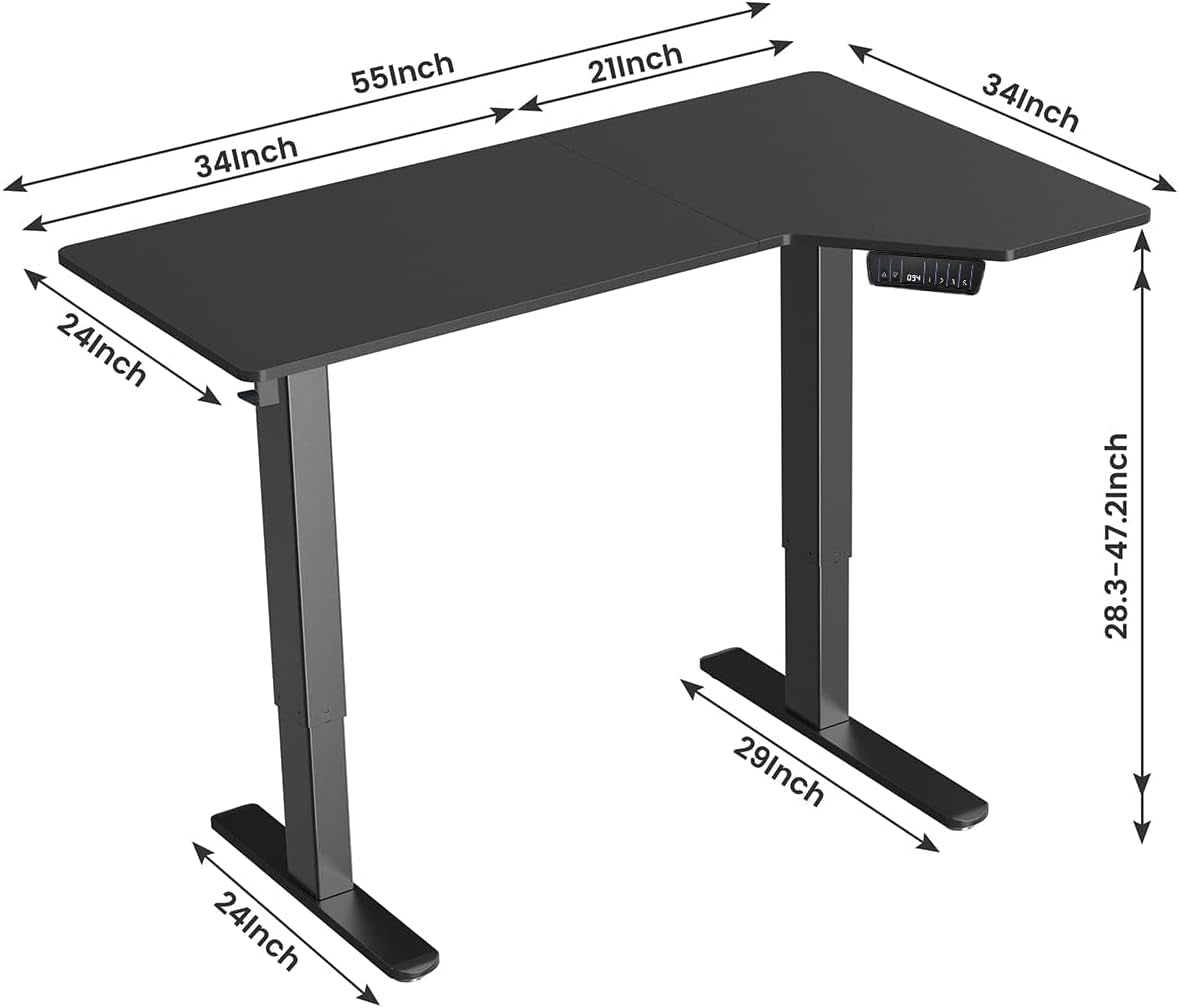 Electric Standing Desk, Height Adjustable Sit Stand up Desk, L-Shaped Memory Home Office Desk with Hook, 55 X 34 Inch, Black